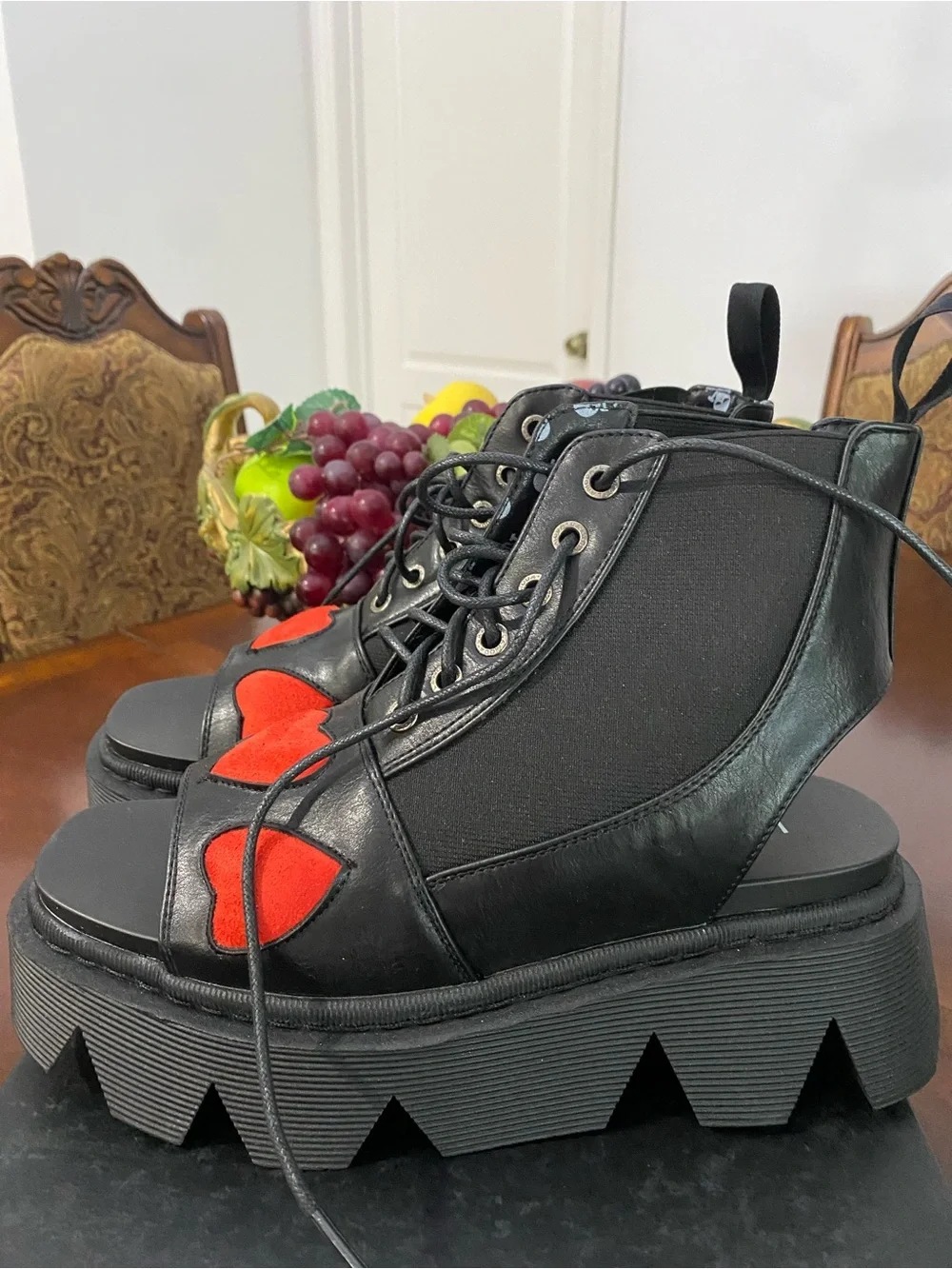 Black Platform Lace-Up Sandals with Red Heart Accents